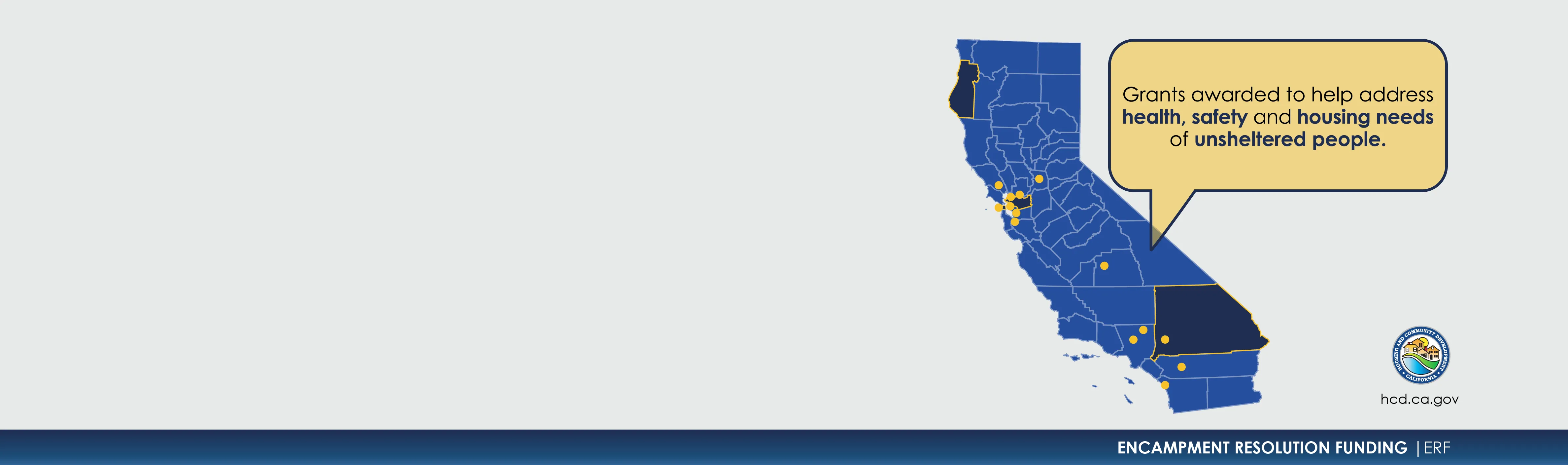 Graphic map of California with text Grants awarded to help address health, safety and housing needs of unsheltered people