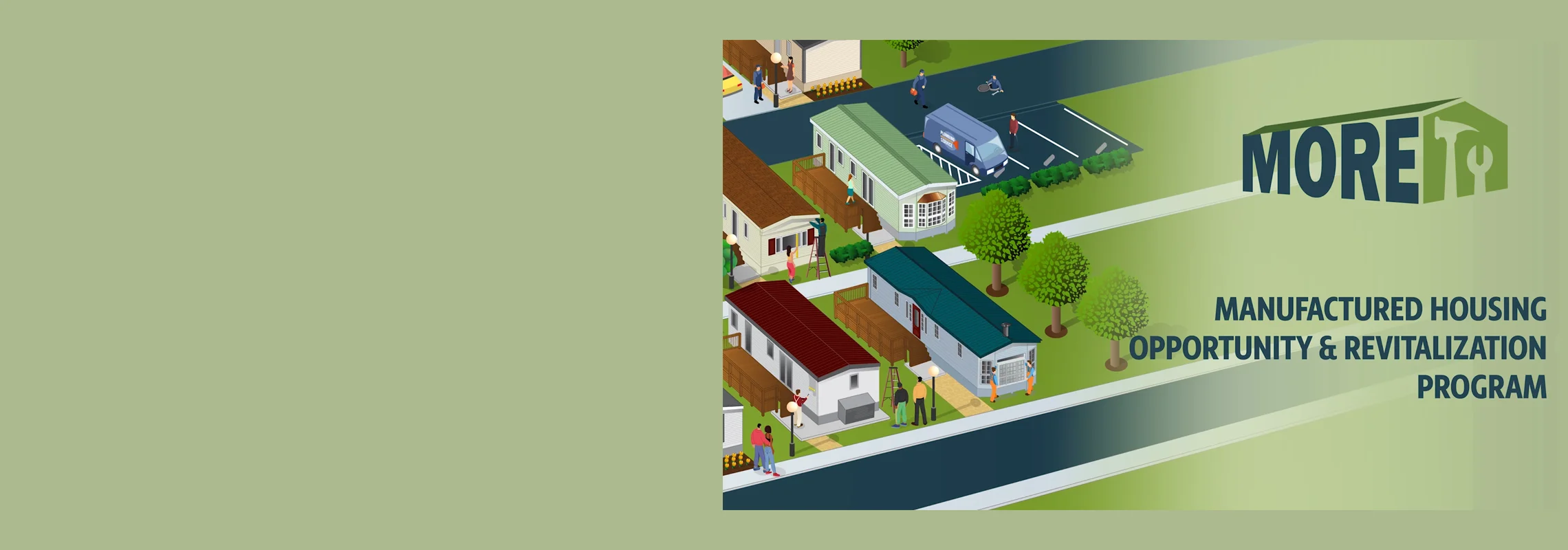 Graphic of mobilehome park and text MORE Manufactured Housing Opportunity & Revitalization Program