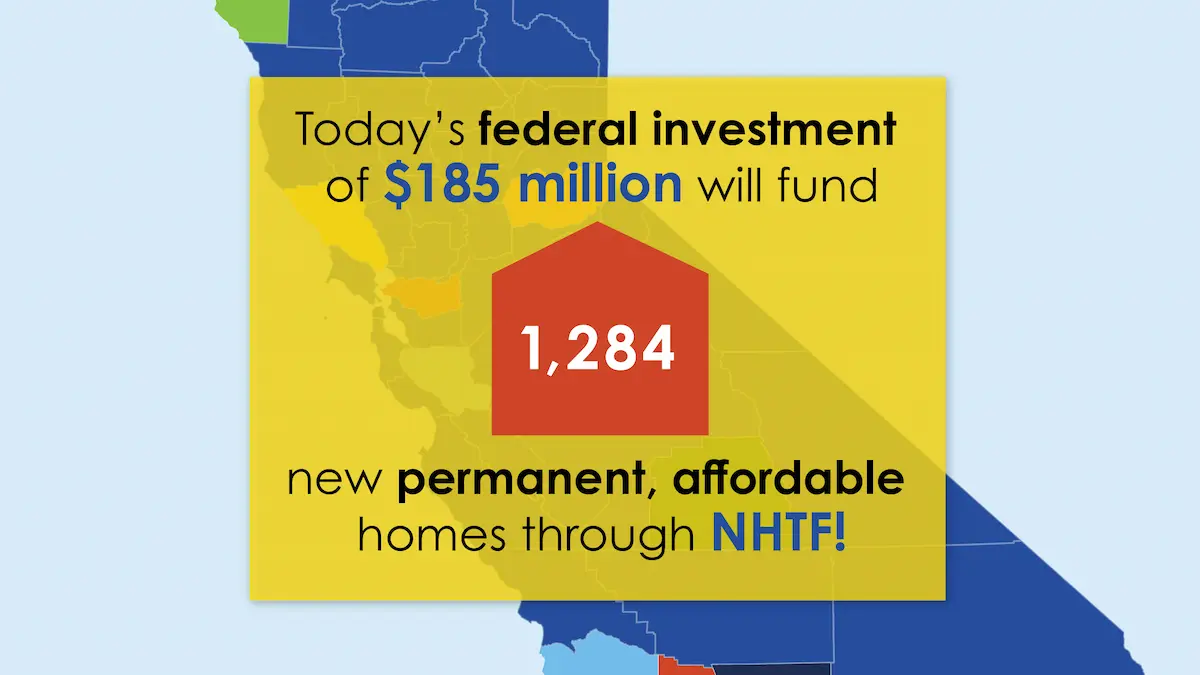 Graphic map of California with text overlayed: Today's federal investment of $185 million will include 1,284 new permanent, affordable homes through NHTF.