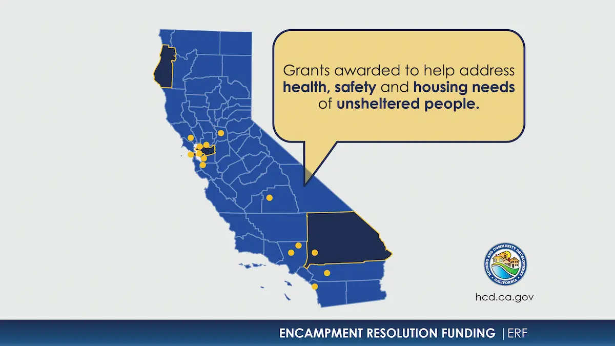 graphic of california map with text Grants awarded to help address health, safety and housing needs of unsheltered people