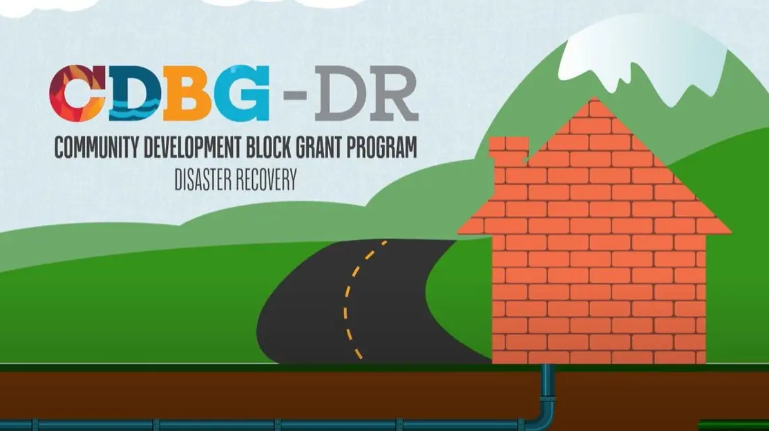 CDBG - Community Development Block Grant Program Disaster Recovery. Graphic with a house, road and plumbing infrastructure. 