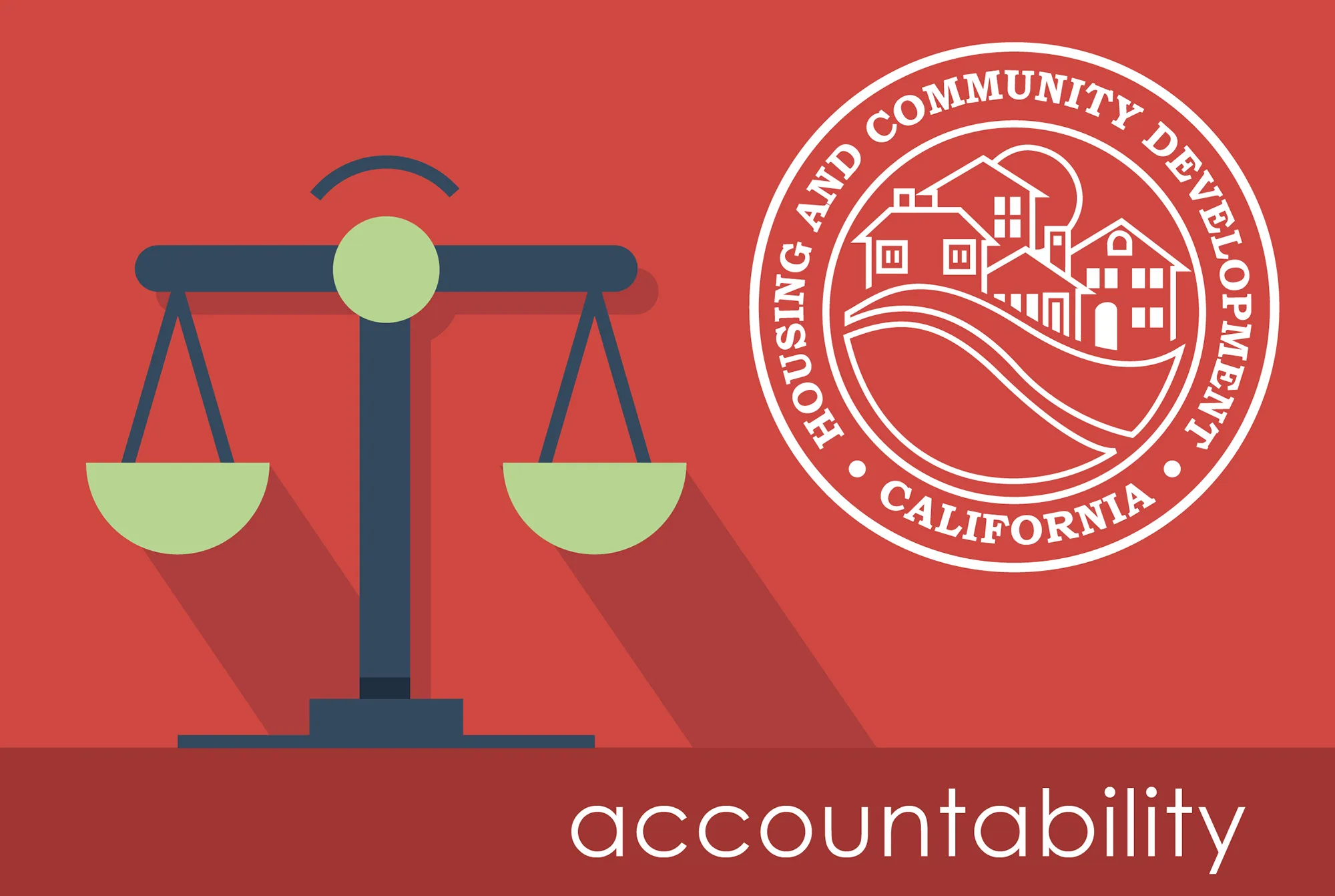 Graphic of justice scales, HCD logo, and text accountability