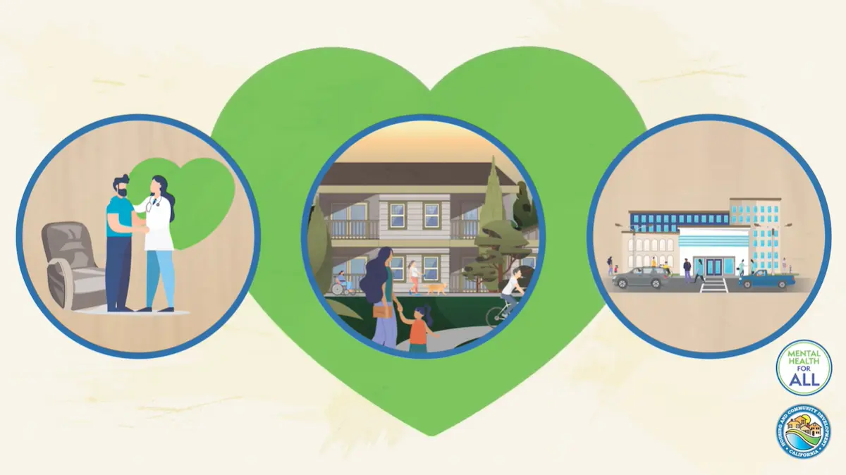 graphics of healthcare workers and healthcare facilities with a green heart background