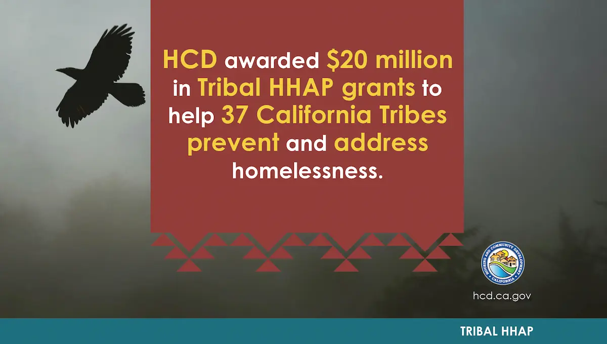 Graphic of eagle and Native American pattern with text HCD awarded $20 million in Tribal HHAP grants to help 37 California Tribes prevent and address homelessness.