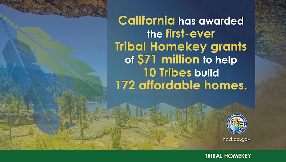 Lake and forest scene with feather graphic and text: California has awarded the first-ever Tribal Homekey grants of $71 million to help 10 Tribes build 172 affordable homes.