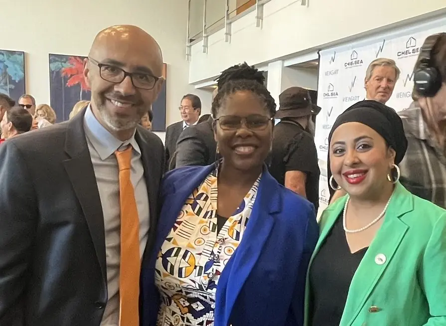 HCD Director Gustavo Velasquez, BCSH Undersecretary Melinda Grant and Senior Advisor to Governor Newsom Hafsa Kaka at the grand opening event.